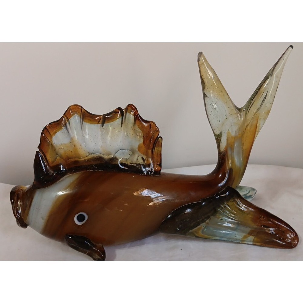 Vtg Handblown Fish Vase Figure 10 Inch Amber White Clear Murano Style Flaw READ